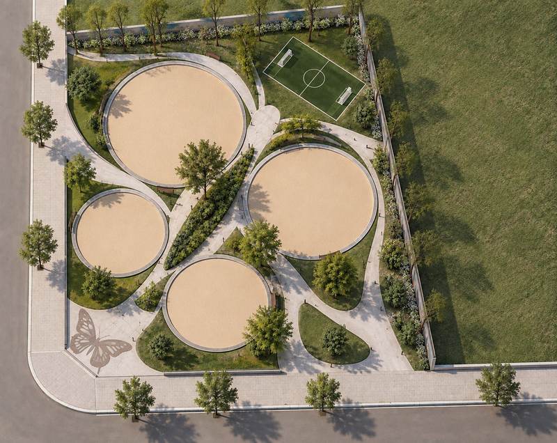 Distribución general de la plaza: cuatro círculos, caminos, vegetación, cancha y la mariposa en el piso.