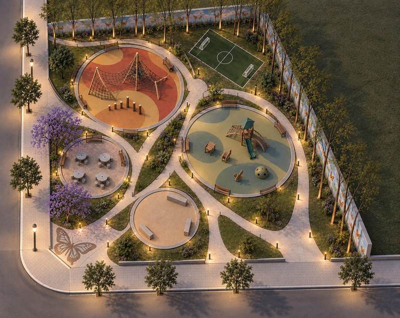 Imagen de referencia de Plaza Mariposa vista desde arriba: cuatro espacios circulares unidos por caminos, juegos, mesas, una cancha, árboles y un mural con mariposas.
